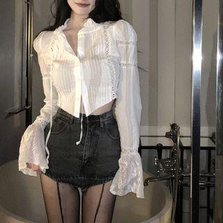 Bell-sleeve Asymmetrical Lace Panel Cropped Blouse