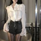 Bell-sleeve Asymmetrical Lace Panel Cropped Blouse