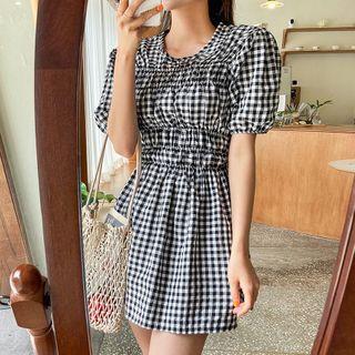 Smocked-trim Gingham Dress