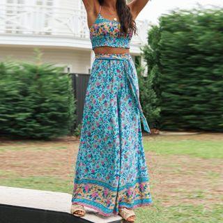 Set: Floral Cropped Camisole Top + Wide Leg Pants