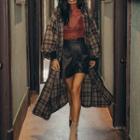 Hooded Plaid Open-front Coat As Shown In Figure - One Size