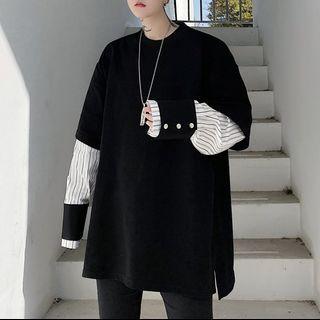 Long-sleeve Striped Panel Mock Two Piece Sweatshirt