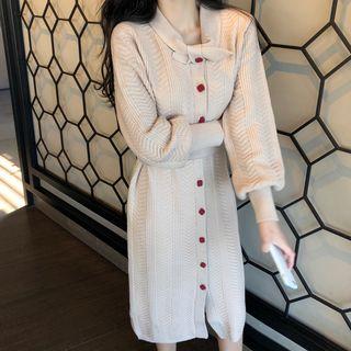 Puff-sleeve Single-breasted Midi Knit Dress