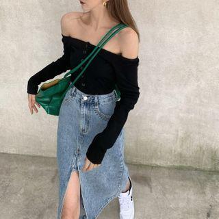 Off-shoulder Long-sleeve Top / Denim Slit Midi Skirt