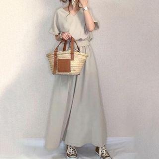 Elbow-sleeve A-line Maxi Dress Almond - One Size