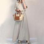 Elbow-sleeve A-line Maxi Dress Almond - One Size