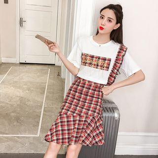 Set: Short-sleeve Plaid Panel Top + Ruffle-hem Skirt