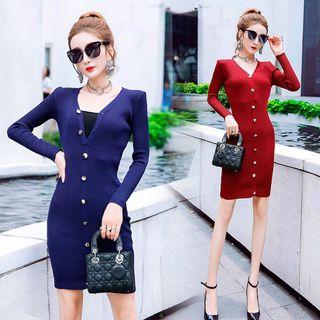 Buttoned Mini Rib Knit Dress