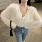V-neck Furry Cropped Cardigan White - One Size