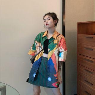 3/4-sleeve Cartoon Print Shirt / Striped A-line Mini Skirt