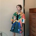 3/4-sleeve Cartoon Print Shirt / Striped A-line Mini Skirt
