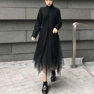 Turtleneck Sweater / Midi A-line Mesh Skirt