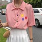 Elbow-sleeve Flower Print Buttoned T-shirt