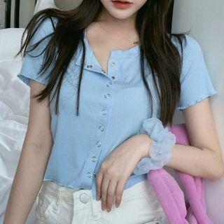 Short-sleeve Button Cropped T-shirt Blue - One Size