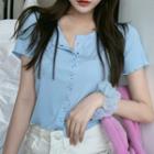 Short-sleeve Button Cropped T-shirt Blue - One Size