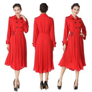 Pleated Long-sleeve A-line Midi Dress