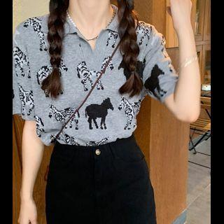Short-sleeve Print Cropped Top Gray - One Size