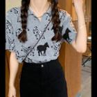 Short-sleeve Print Cropped Top Gray - One Size
