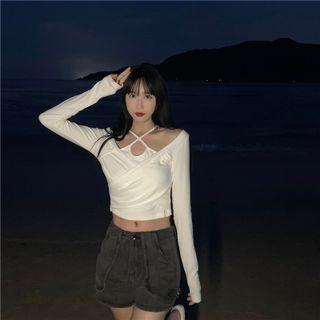 Long-sleeve Halter-neck Crop Top White - One Size