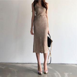 Set: Pointelle Knit Camisole + Midi Straight-fit Skirt