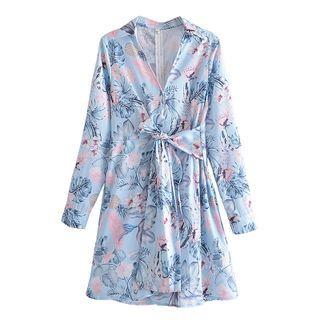 Long-sleeve Asymmetrical Flower Print Mini A-line Dress