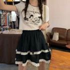 Short-sleeve Cartoon Print T-shirt / Lace Trim A-line Mini Skirt