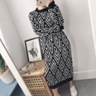 Long-sleeve Patterned Midi Shift Knit Dress