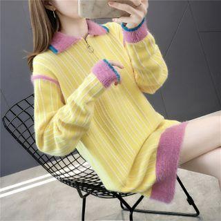 Long-sleeve Collared Knit Dress Yellow - One Size