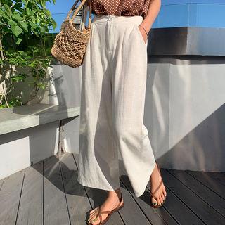 Band-waist Linen Blend Pants Beige - One Size