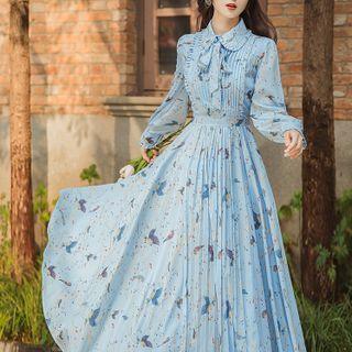 Bird Print A-line Midi Shirt Dress