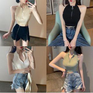 Halter-neck Half-zip Knit Cropped Tank Top