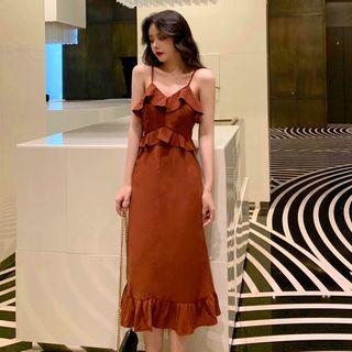 Spaghetti Strap Midi Ruffle Trim Dress