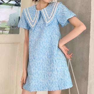 Short-sleeve Printed Shirred A-line Dress