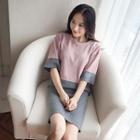 Set: Two-tone Elbow-sleeve Sweater + Knit Skirt