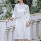 Traditional Chinese 3/4-sleeve Embroidered Floral A-line Dress
