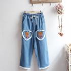 Bear Embroidered Lace Trim Straight Leg Jeans Blue - One Size