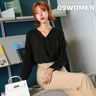 Plus Size Open-placket Plain / Stipe Top
