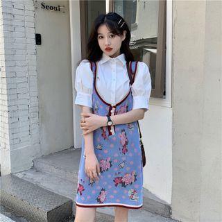 Plain Puff-sleeve Button-up Shirt / Floral Button-up Knit Mini Dress