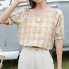 Puff-sleeve Square-neck Plaid Cropped Top