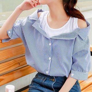 Mock Two-piece Cold Shoulder Elbow-sleeve Blouse