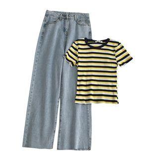 Short-sleeve Striped T-shirt / High-waist Wide-leg Jeans