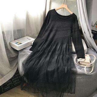 Long-sleeve Mesh Panel Midi A-line Dress Black - M