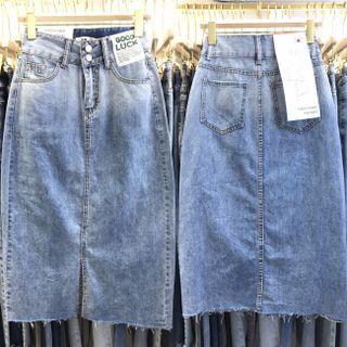 Lettering Patch Washed Frayed Denim Pencil Skirt
