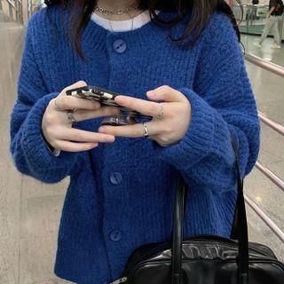 Long Sleeve Round Neck Plain Cardigan Blue - One Size