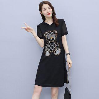 Short-sleeve Bear Print Hooded Shift Dress