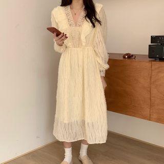 Long-sleeve V-neck Lace Trim Midi A-line Dress