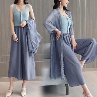 Set: Vest + Light Open-front Cardigan + Wide-leg Pants