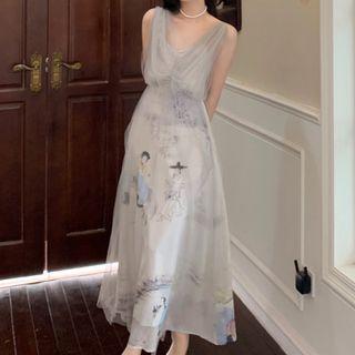 Sleeveless Cartoon Print Midi A-line Mesh Dress