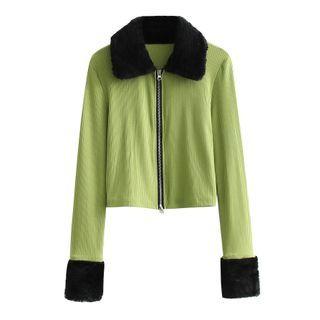 Long-sleeve Fluffy Trim Collared Zip Knit Top