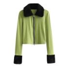 Long-sleeve Fluffy Trim Collared Zip Knit Top